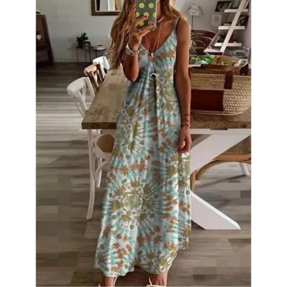 Boho Tie Dye Spaghetti Strap Maxi Dress Green Brown White